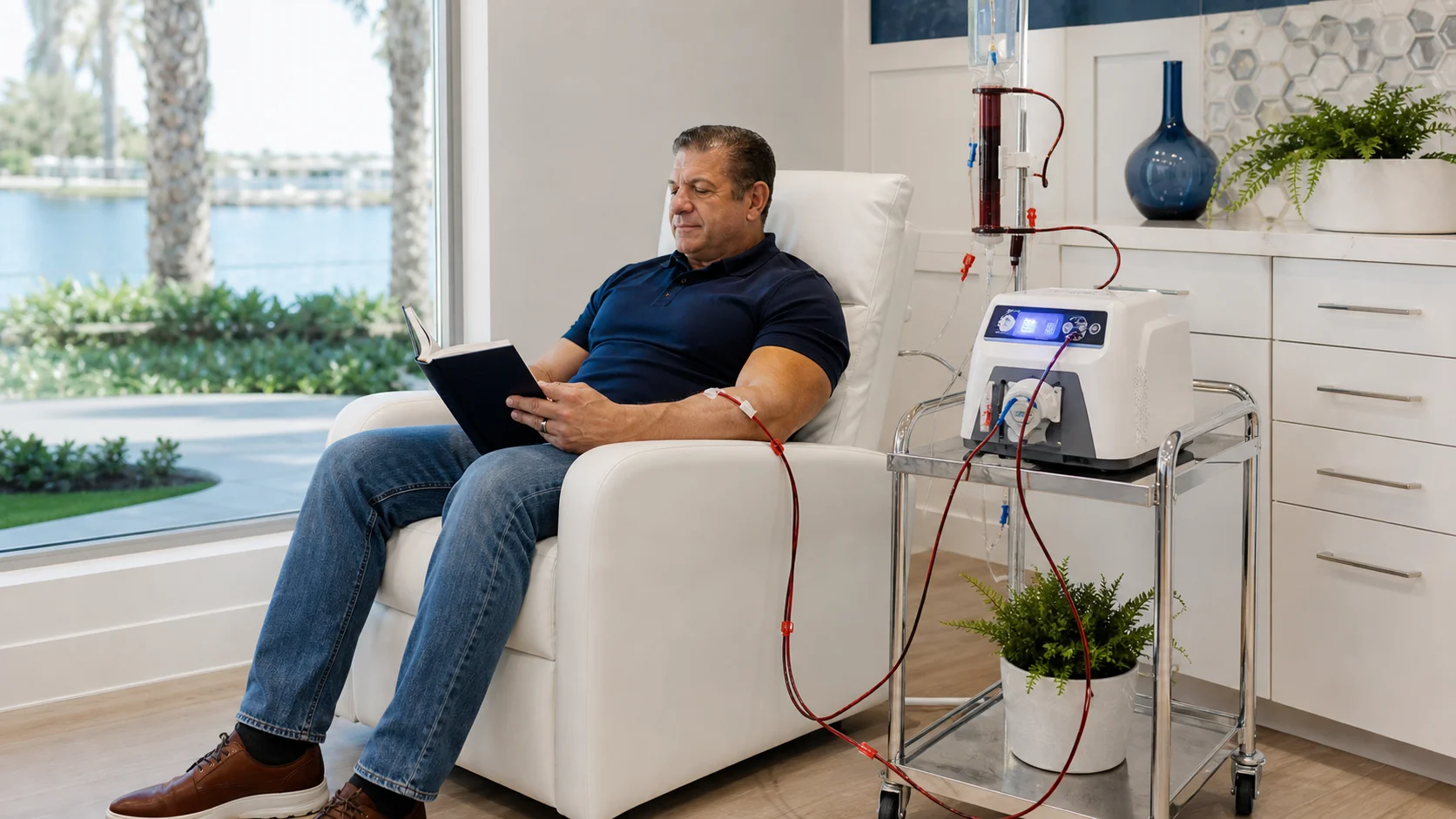 Patient receiving EBO2 (EBOO) therapy in a treatment chair at AgeRejuvenation in Tampa, FL